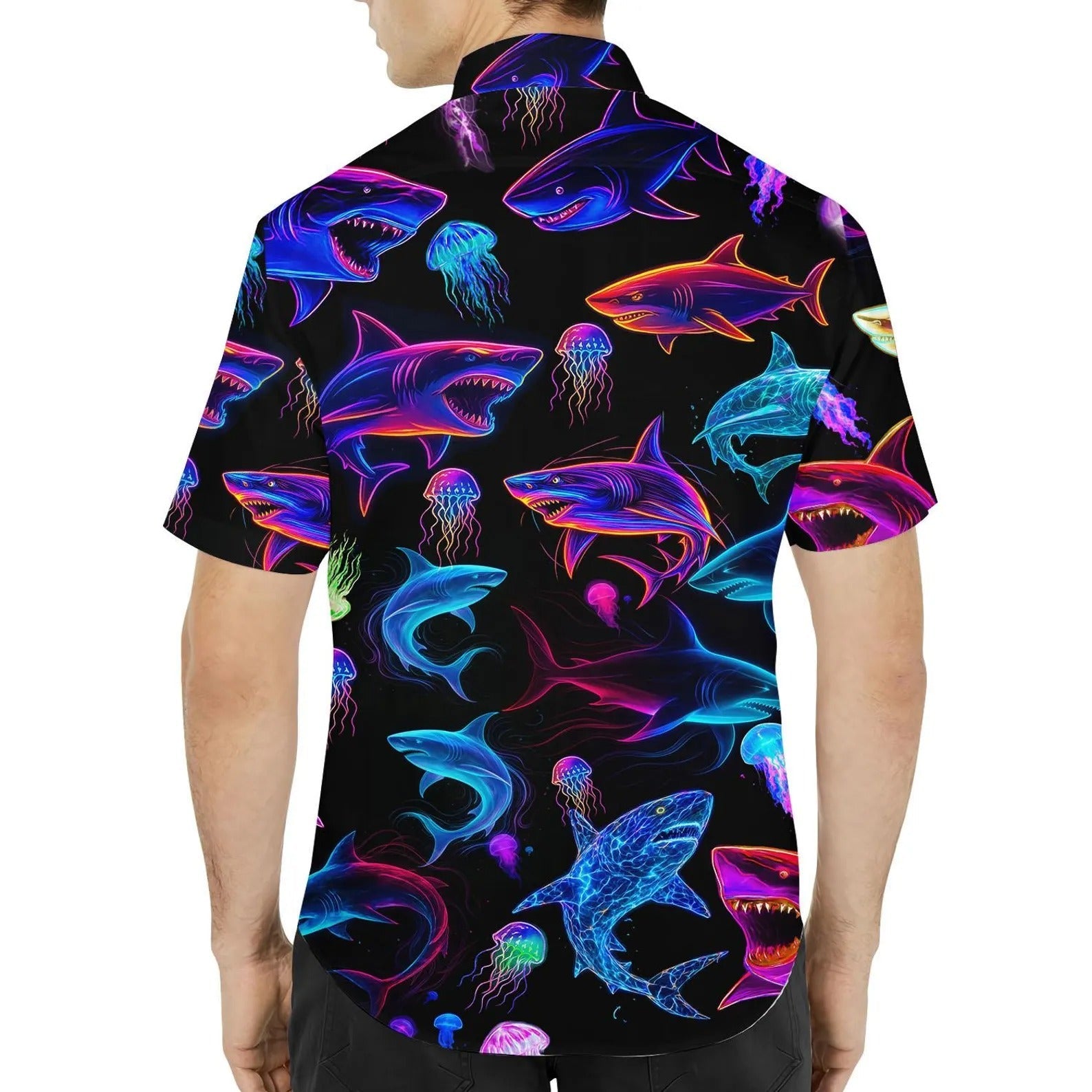Neon Shark Hawaii Shirt, Colorful Shark Hawaiian Shirt for Men, Glow Ocean Predator Aloha Beach Shirt
