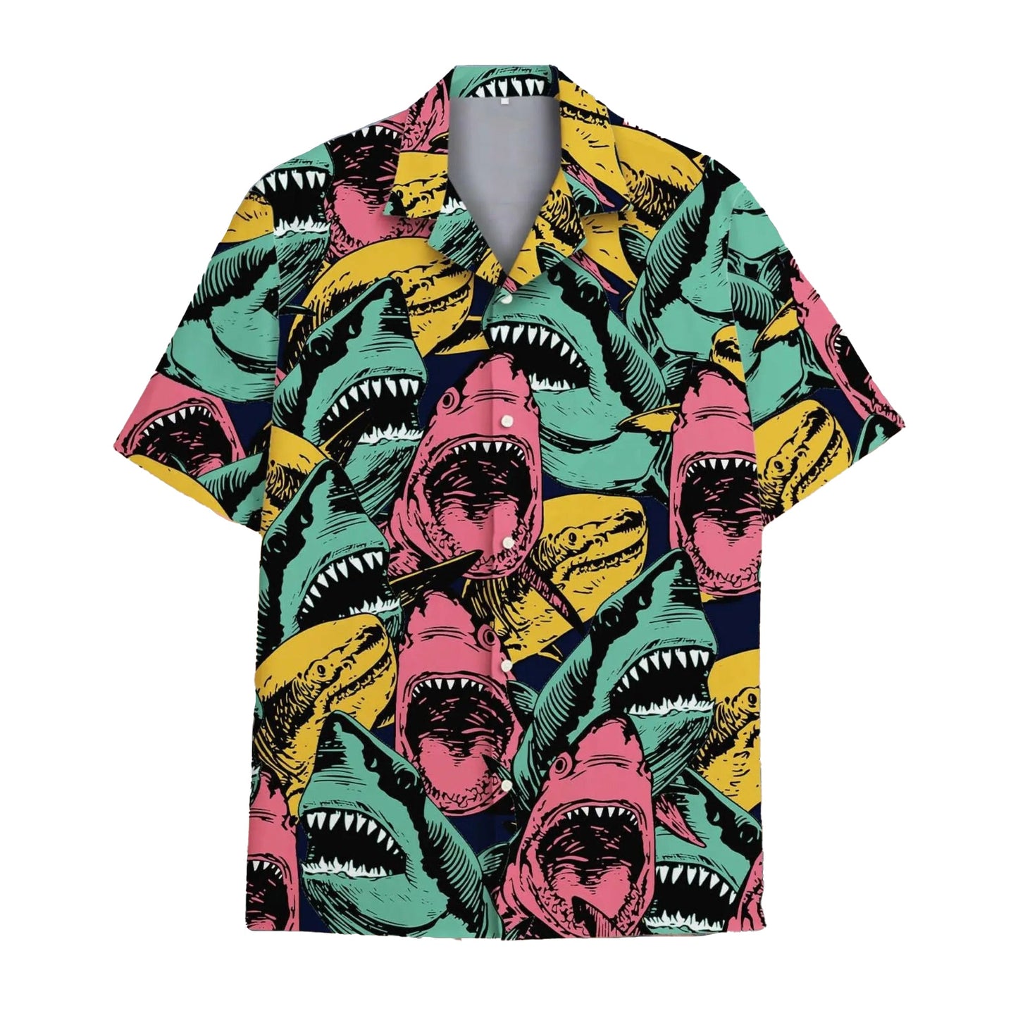 Funny Shark Hawaii Shirt, Colorful Retro Shark Hawaiian Shirt for Men, Bold Ocean Predator Aloha Beach Shirt