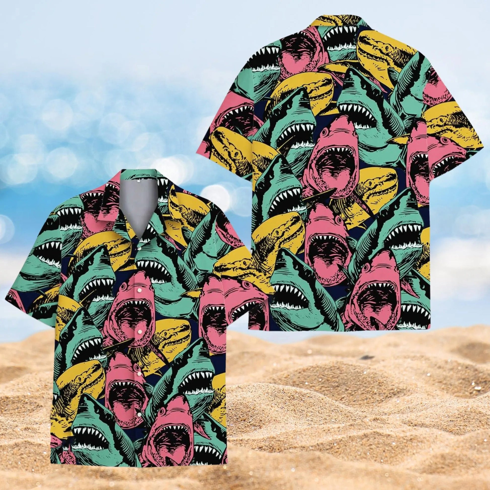Funny Shark Hawaii Shirt, Colorful Retro Shark Hawaiian Shirt for Men, Bold Ocean Predator Aloha Beach Shirt