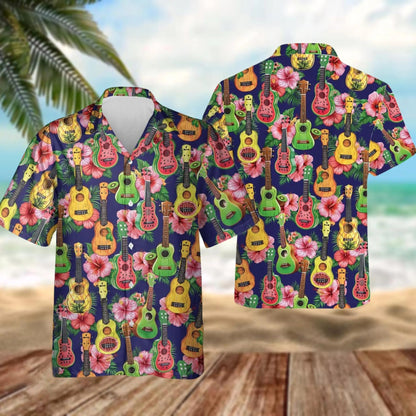Ukulele Hawaiian Shirt, Guitar Tropical Aloha Shirt, Music Lover Summer Shirt