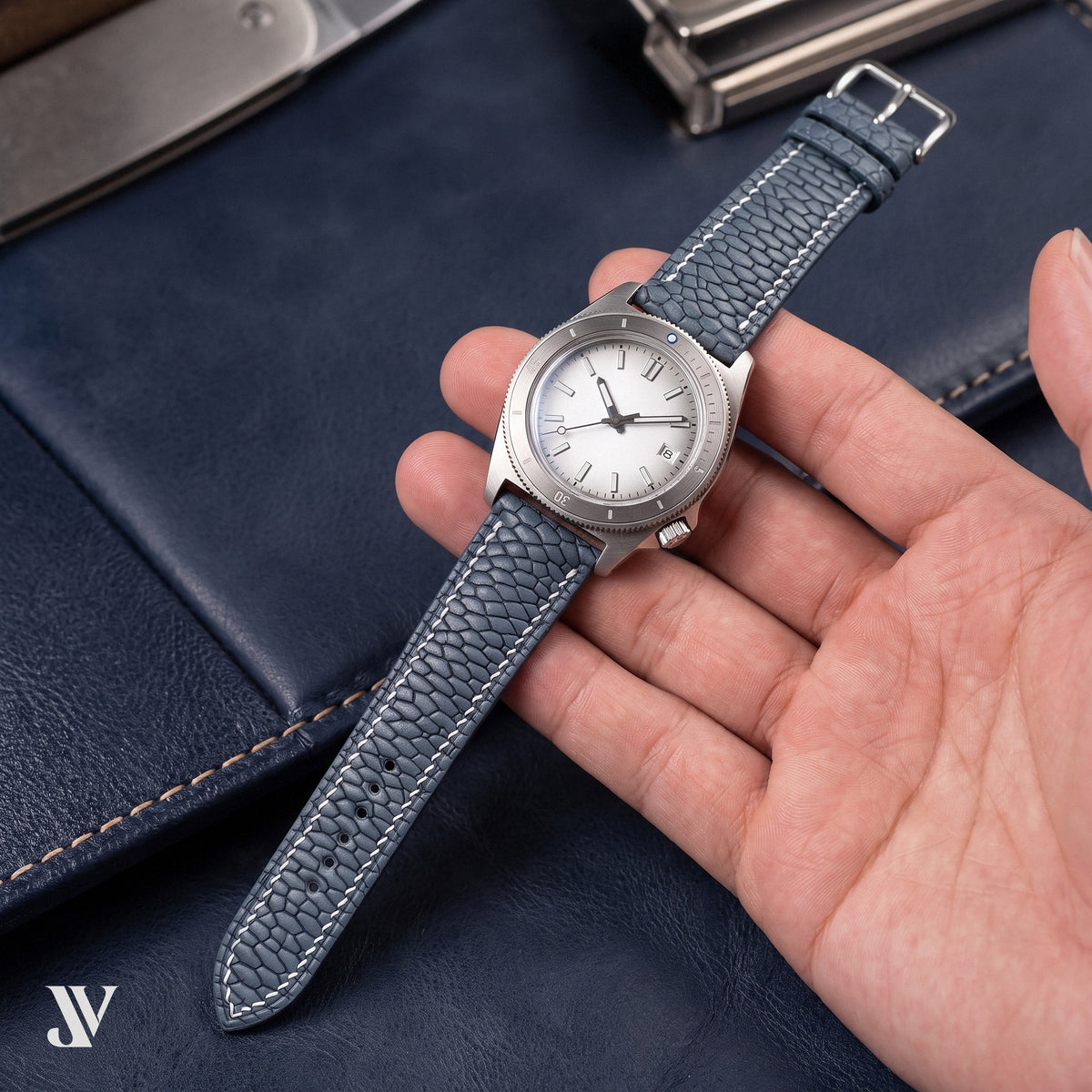 Slate Grey Beaver Leather Watch Strap — shown on watch (AI-generated scene)
