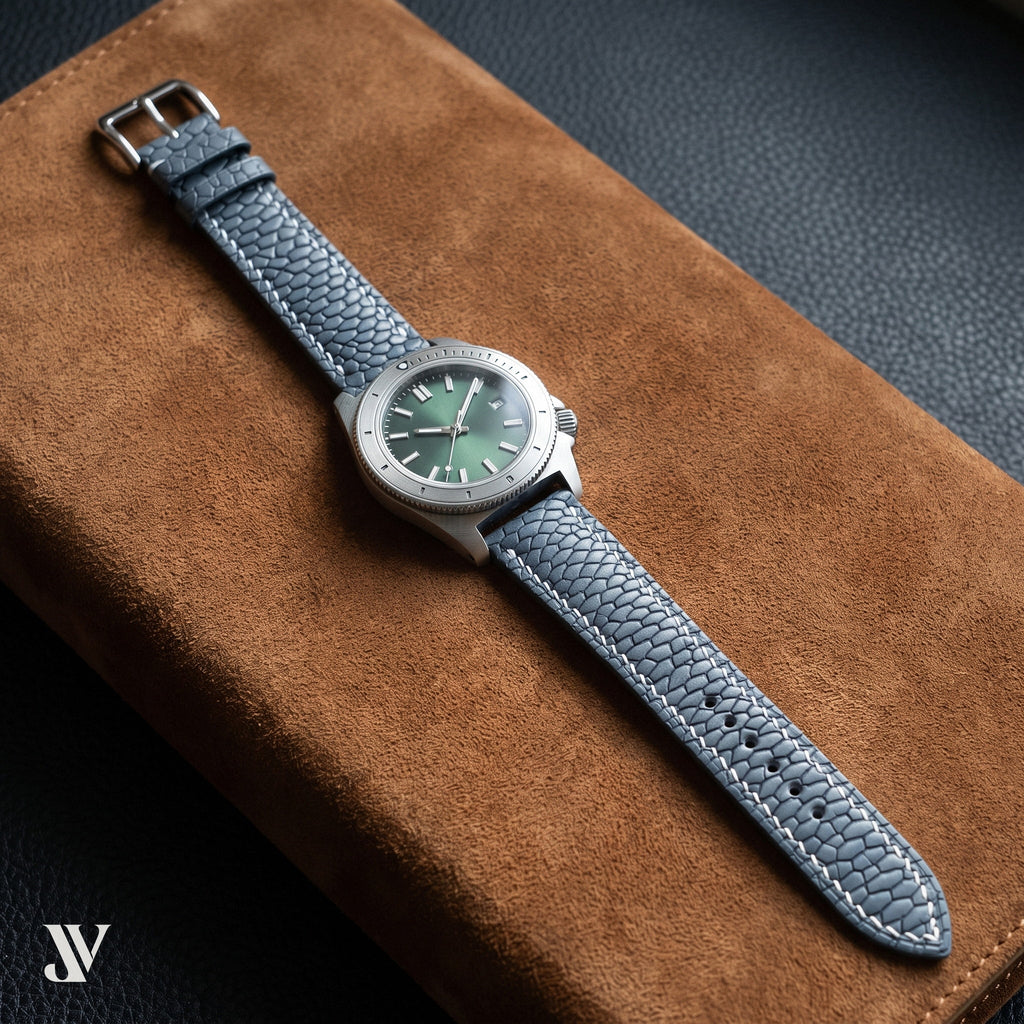 Slate Grey Beaver Leather Watch Strap — shown on watch (AI-generated scene)