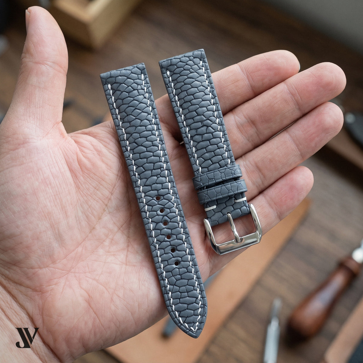 Slate Grey Beaver Leather Watch Strap — shown on watch (AI-generated scene)