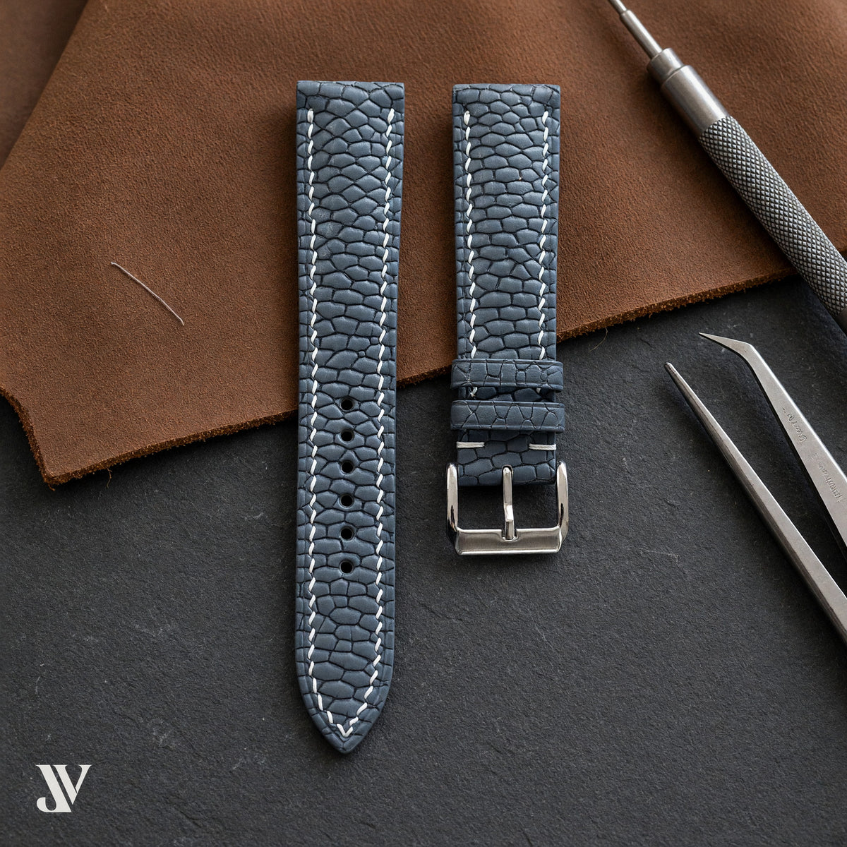 Slate Grey Beaver Leather Watch Strap — styled scene (AI-generated scene)