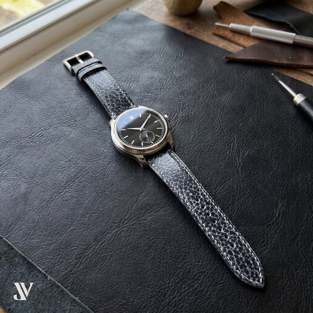 Black Crackle Cowhide Leather Watch Strap — shown on watch (AI-generated scene)