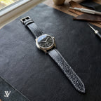 Black Crackle Cowhide Leather Watch Strap — shown on watch (AI-generated scene)