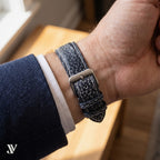 Black Crackle Cowhide Leather Watch Strap — shown on watch (AI-generated scene)