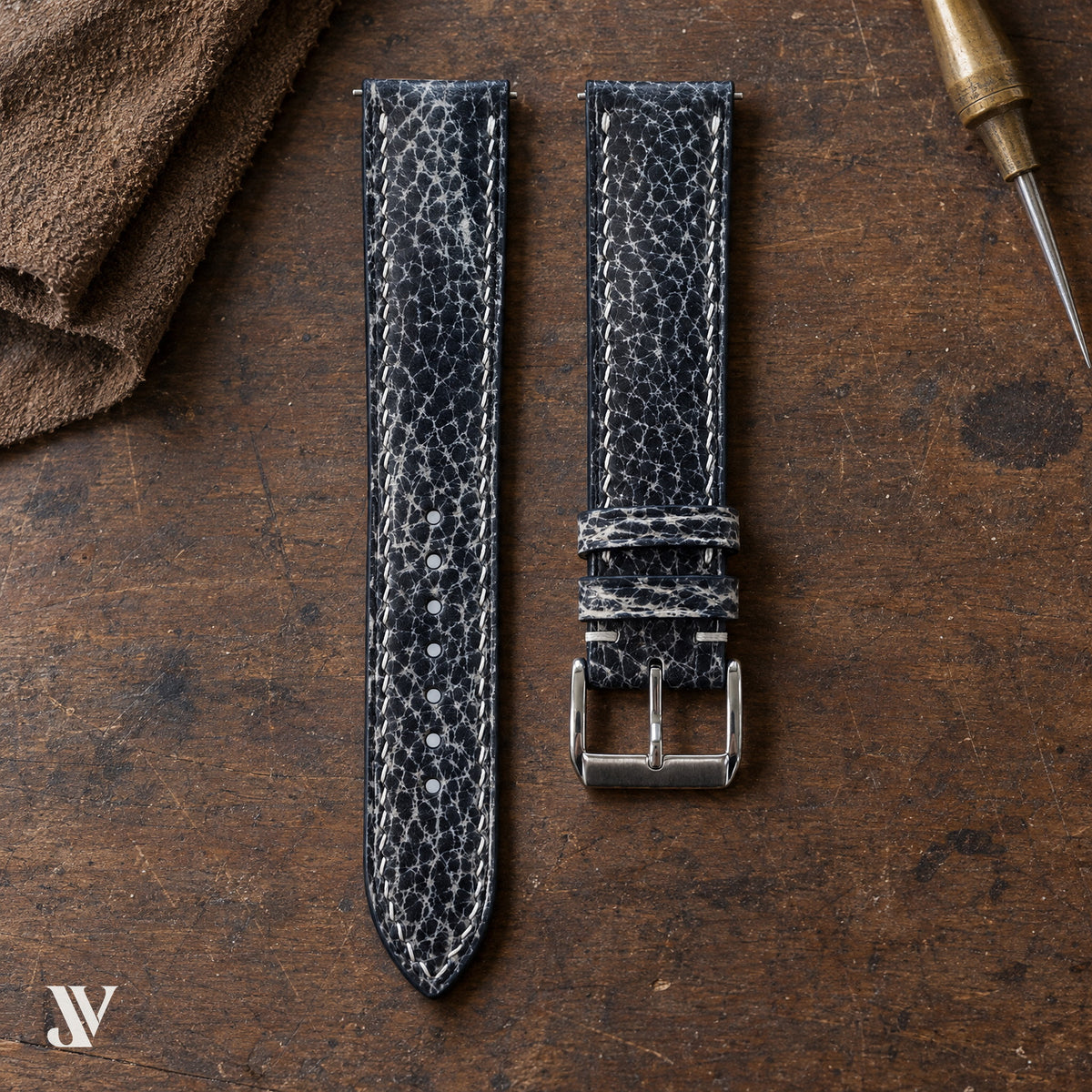Black Crackle Cowhide Leather Watch Strap — styled scene (AI-generated scene)