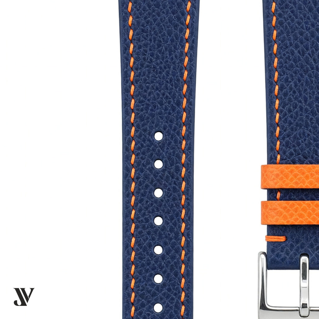 Navy Blue Orange Epsom Classic Leather Watch Strap — stitching detail