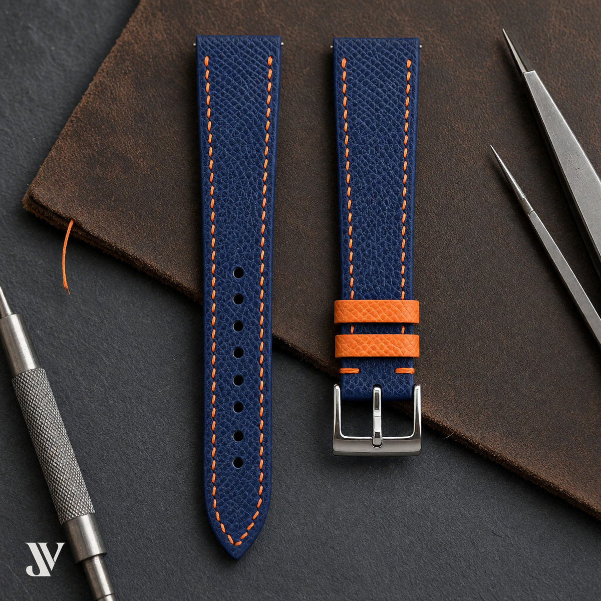 Navy Blue Orange Epsom Classic Leather Watch Strap — styled scene (AI-generated scene)