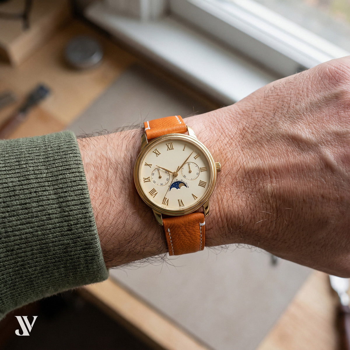 Orange Epsom Classic Leather Watch Strap — shown on watch (AI-generated scene)