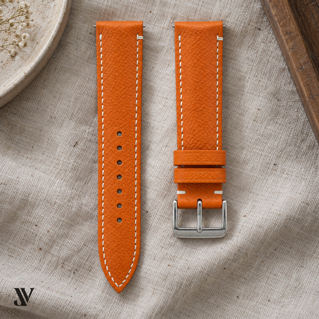 Orange Epsom Classic Leather Watch Strap — styled scene (AI-generated scene)