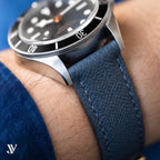 Slate Blue Epsom Classic Leather Watch Strap — shown on watch (AI-generated scene)