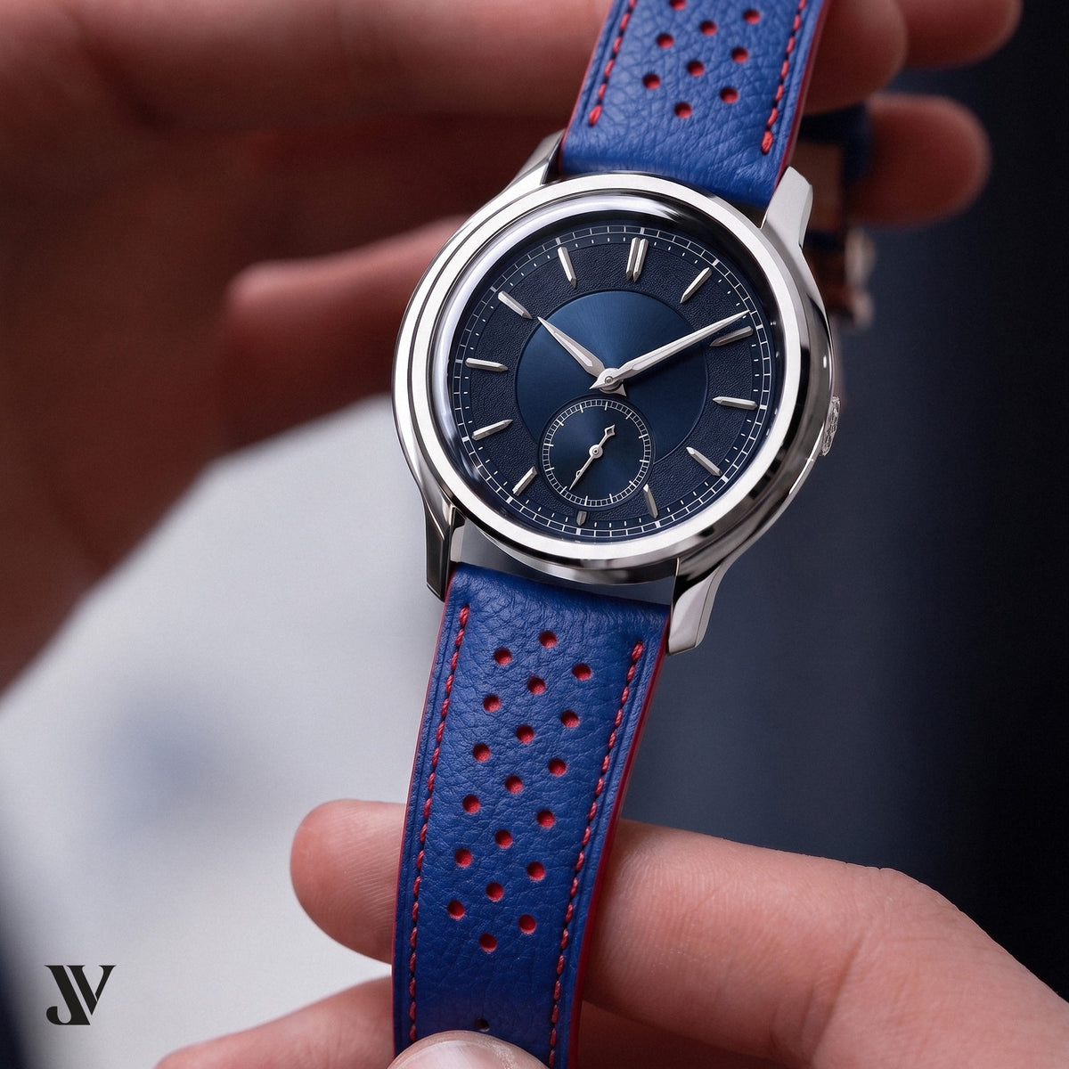 Royal Blue Red Epsom Rally Leather Watch Strap — shown on watch (AI-generated scene)