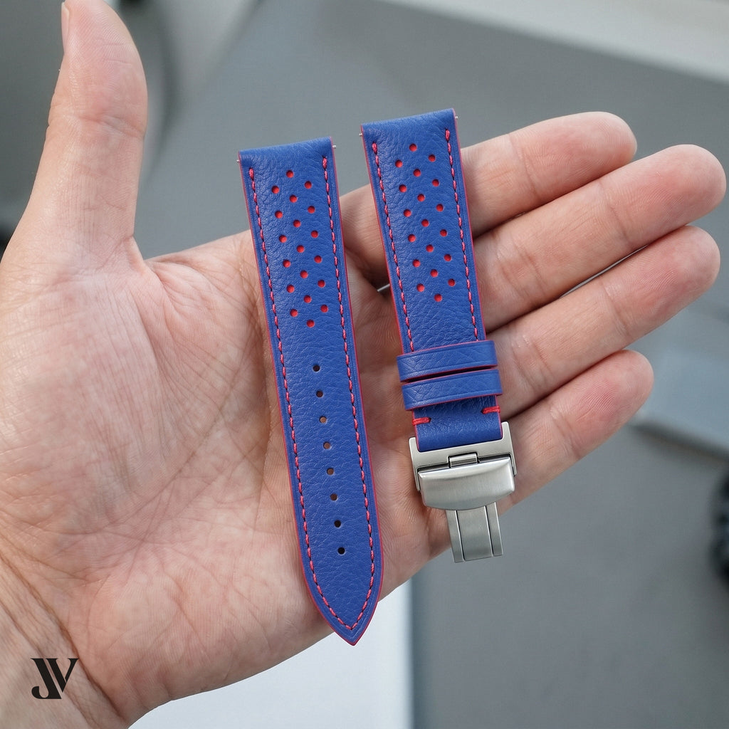 Royal Blue Red Epsom Rally Leather Watch Strap — shown on watch (AI-generated scene)