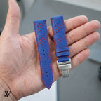 Royal Blue Red Epsom Rally Leather Watch Strap — shown on watch (AI-generated scene)