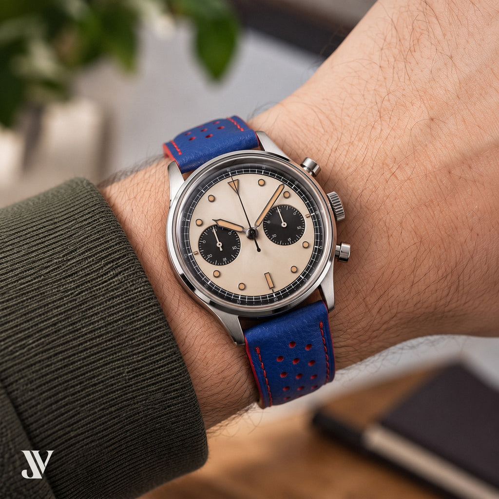Royal Blue Red Epsom Rally Leather Watch Strap — shown on watch (AI-generated scene)