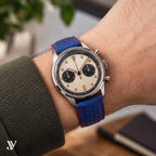 Royal Blue Red Epsom Rally Leather Watch Strap — shown on watch (AI-generated scene)