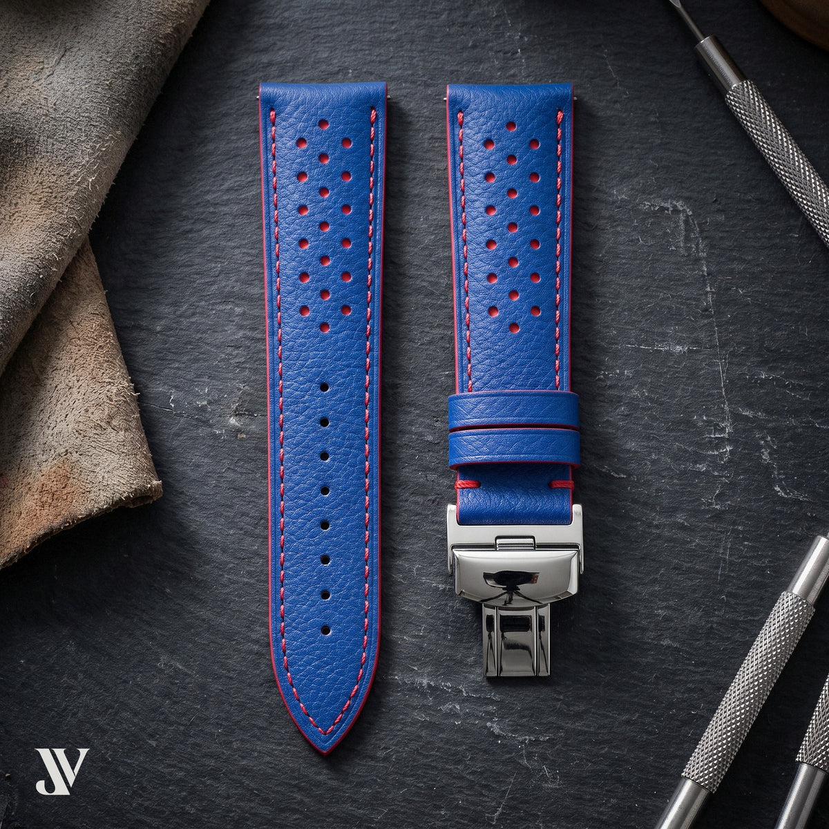 Royal Blue Red Epsom Rally Leather Watch Strap — styled scene (AI-generated scene)