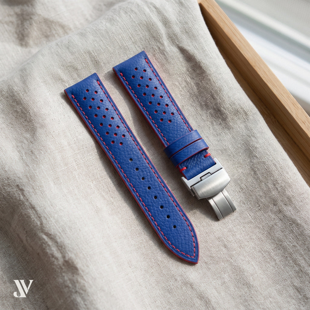 Royal Blue Red Epsom Rally Leather Watch Strap — styled scene (AI-generated scene)