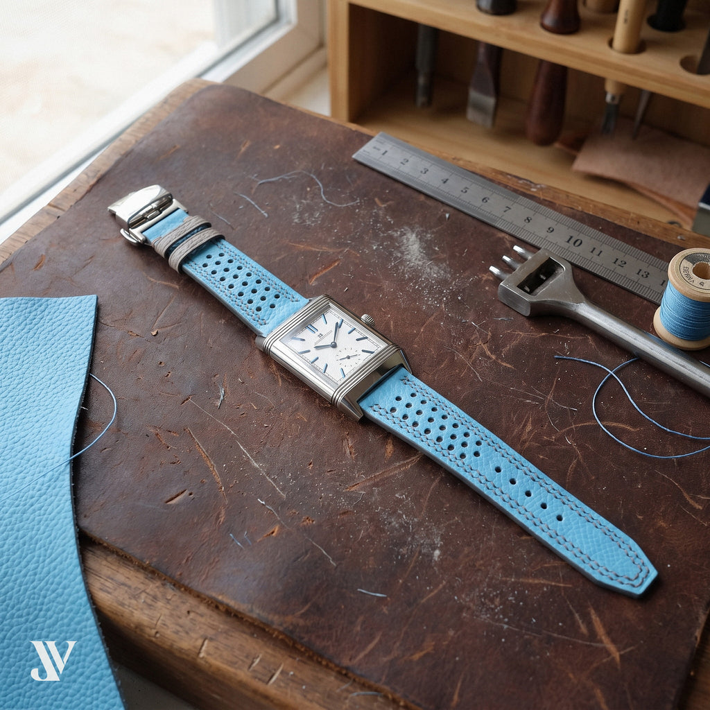 Sky Blue Gray Epsom Rally Leather Watch Strap — shown on watch (AI-generated scene)