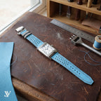 Sky Blue Gray Epsom Rally Leather Watch Strap — shown on watch (AI-generated scene)