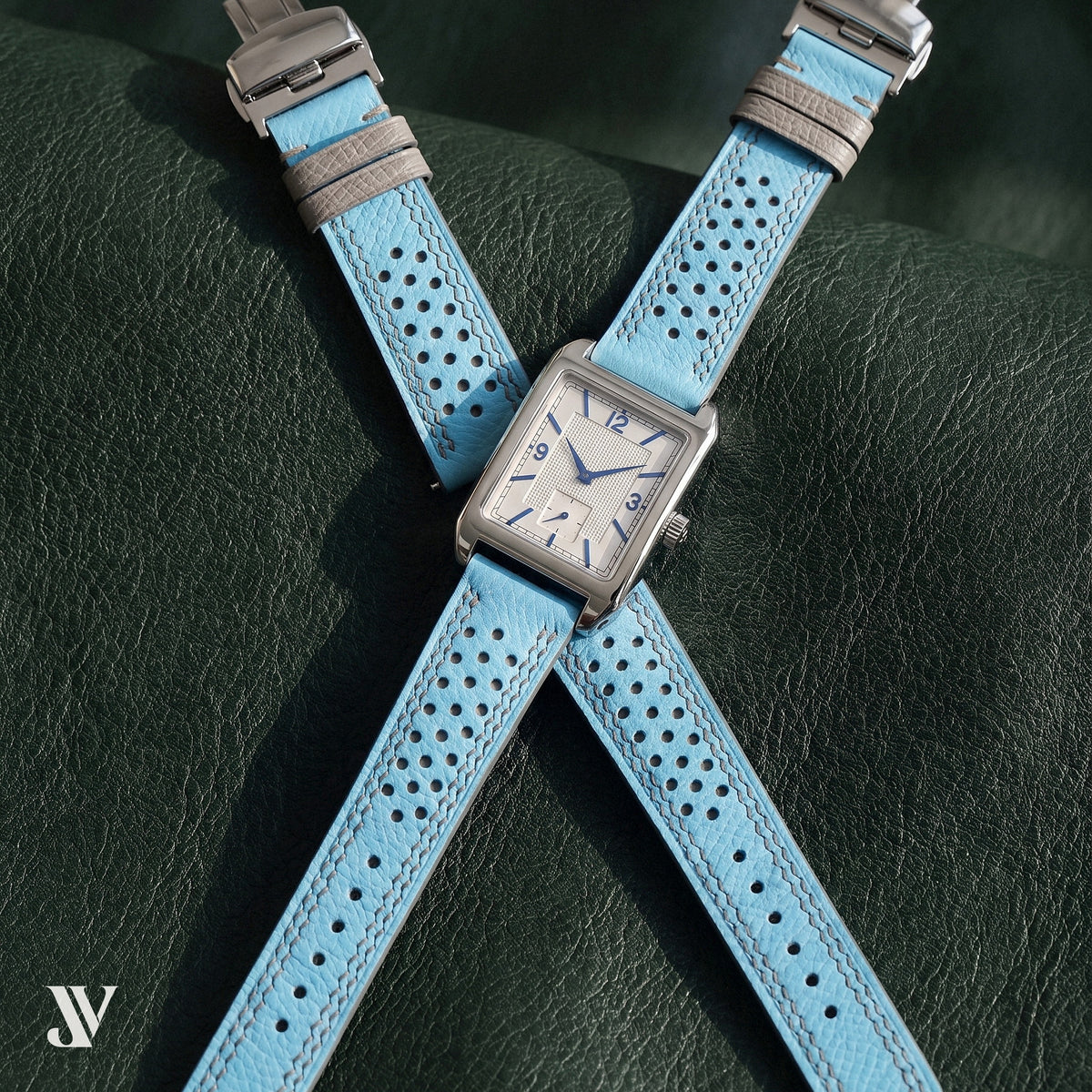 Sky Blue Gray Epsom Rally Leather Watch Strap — shown on watch (AI-generated scene)