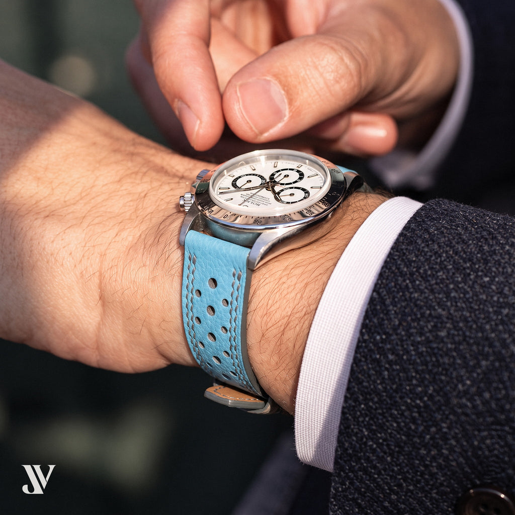 Sky Blue Gray Epsom Rally Leather Watch Strap — shown on watch (AI-generated scene)