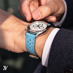 Sky Blue Gray Epsom Rally Leather Watch Strap — shown on watch (AI-generated scene)