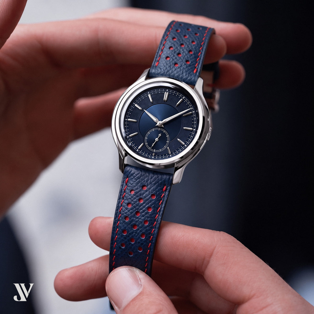 Slate Blue Red Epsom Rally Leather Watch Strap — shown on watch (AI-generated scene)