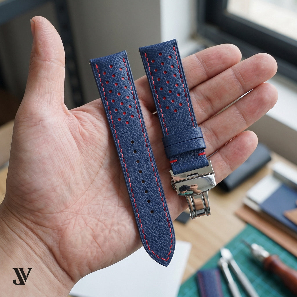 Slate Blue Red Epsom Rally Leather Watch Strap — shown on watch (AI-generated scene)