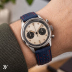 Slate Blue Red Epsom Rally Leather Watch Strap — shown on watch (AI-generated scene)