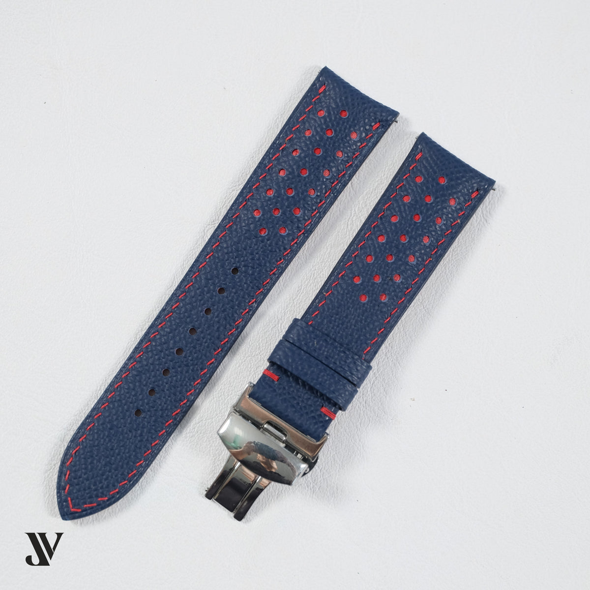 Slate Blue Red Epsom Rally Leather Watch Strap — original product photo