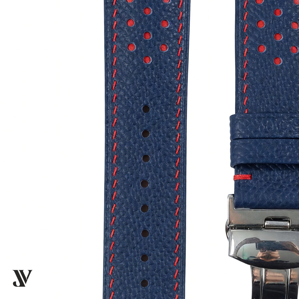 Slate Blue Red Epsom Rally Leather Watch Strap — stitching detail