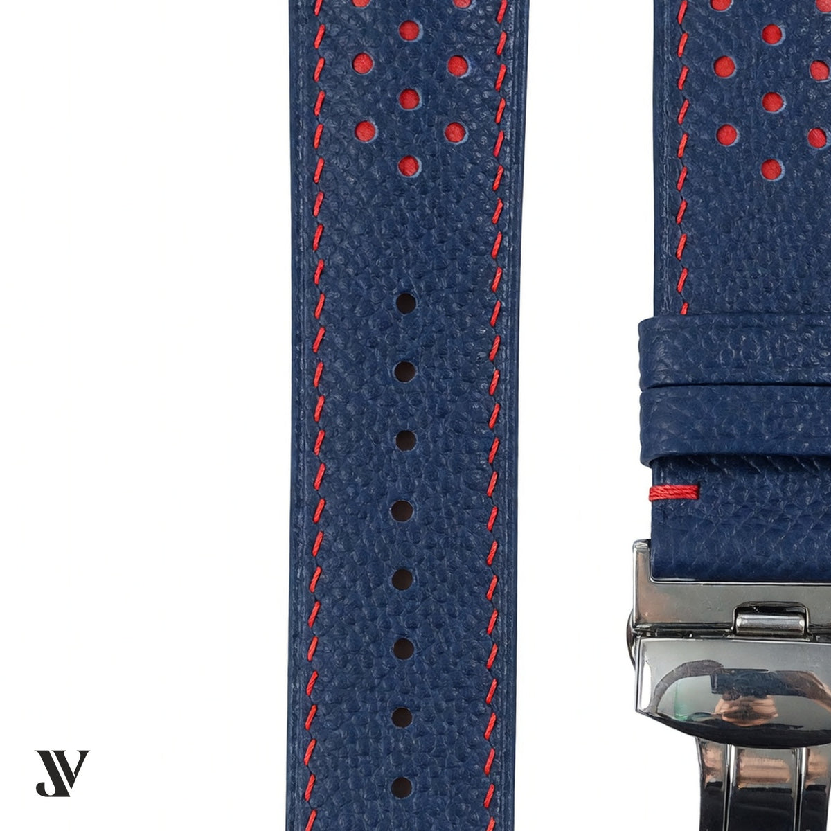 Slate Blue Red Epsom Rally Leather Watch Strap — stitching detail