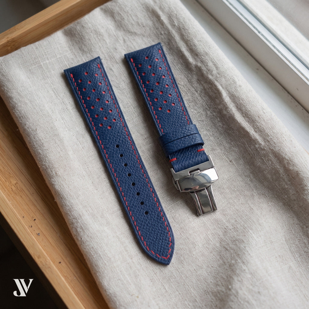 Slate Blue Red Epsom Rally Leather Watch Strap — styled scene (AI-generated scene)