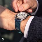 Navy Blue Teal Lizard Rally Leather Watch Strap — shown on watch (AI-generated scene)