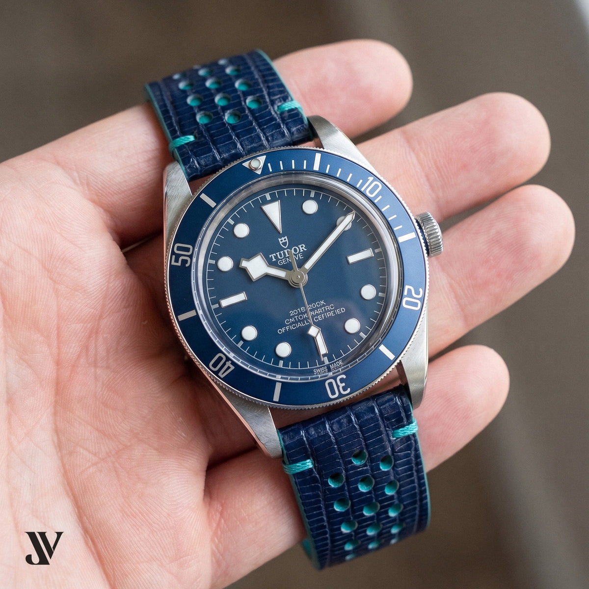 Navy Blue Teal Lizard Rally Leather Watch Strap — shown on watch (AI-generated scene)