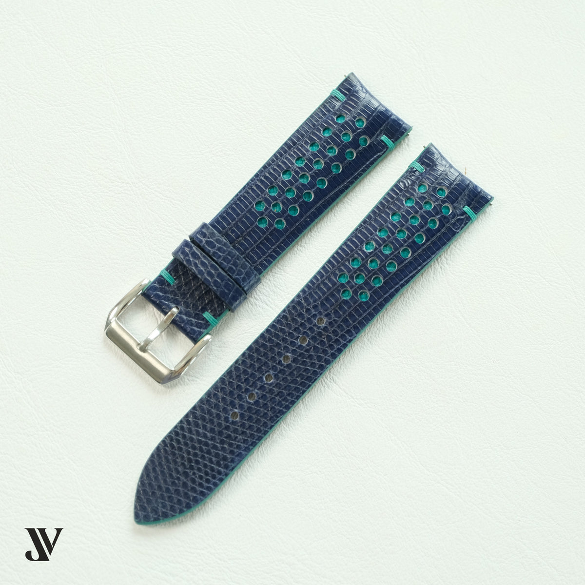 Navy Blue Teal Lizard Rally Leather Watch Strap — original product photo