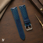 Navy Blue Teal Lizard Rally Leather Watch Strap — styled scene (AI-generated scene)