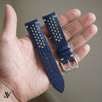Navy Blue White Lizard Rally Leather Watch Strap — shown on watch (AI-generated scene)