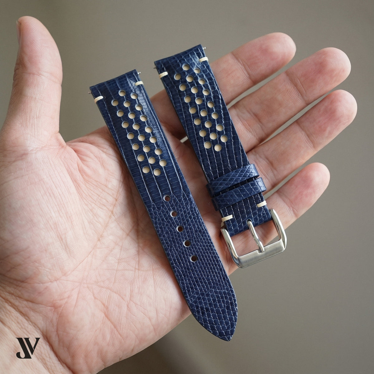 Navy Blue White Lizard Rally Leather Watch Strap — shown on watch (AI-generated scene)