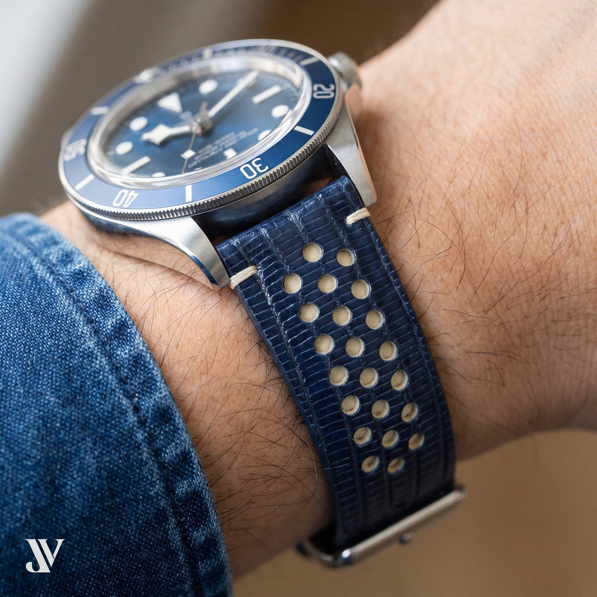 Navy Blue White Lizard Rally Leather Watch Strap — shown on watch (AI-generated scene)