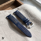 Navy Blue White Lizard Rally Leather Watch Strap — styled scene (AI-generated scene)