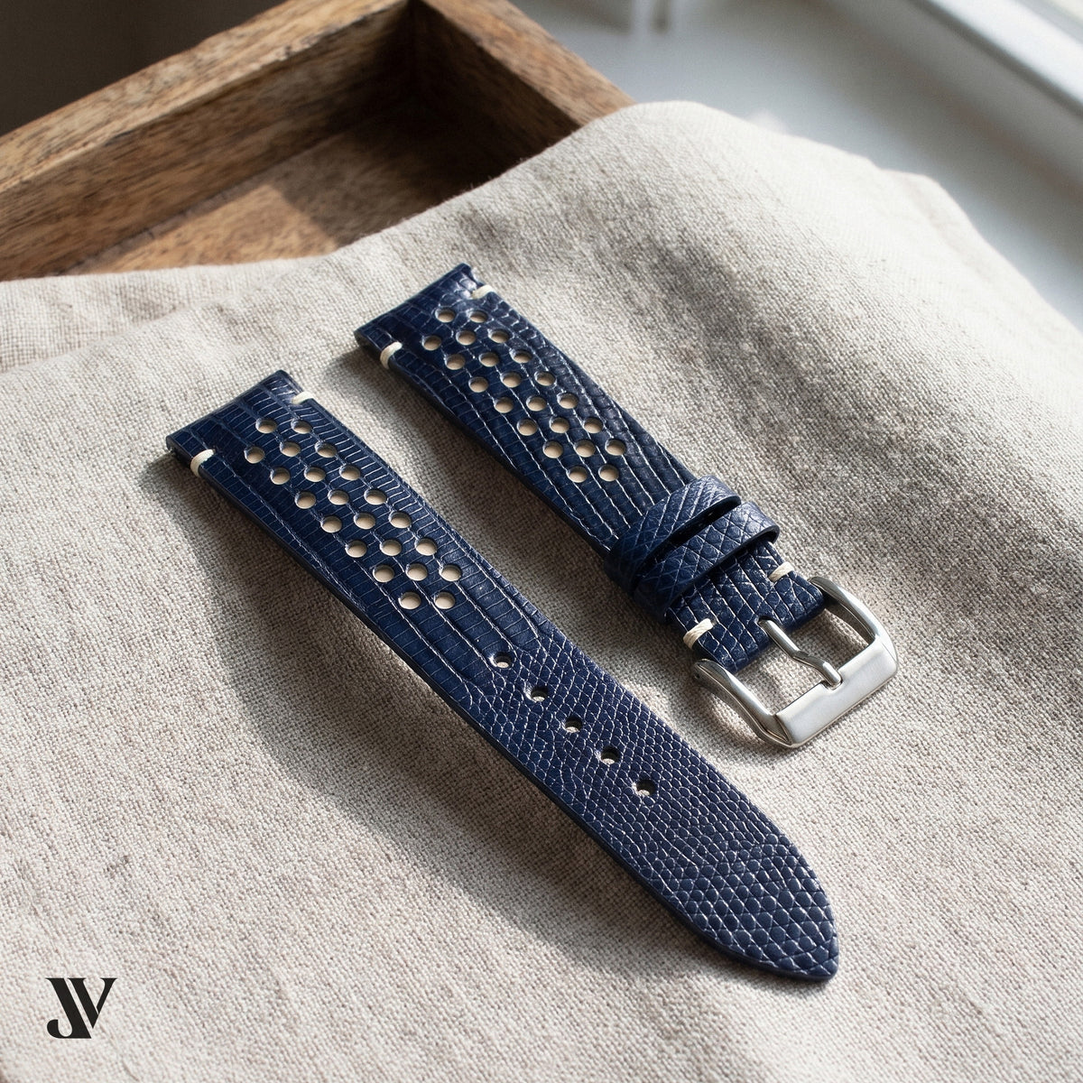 Navy Blue White Lizard Rally Leather Watch Strap — styled scene (AI-generated scene)