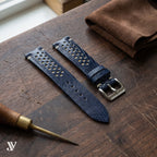 Navy Blue White Lizard Rally Leather Watch Strap — styled scene (AI-generated scene)