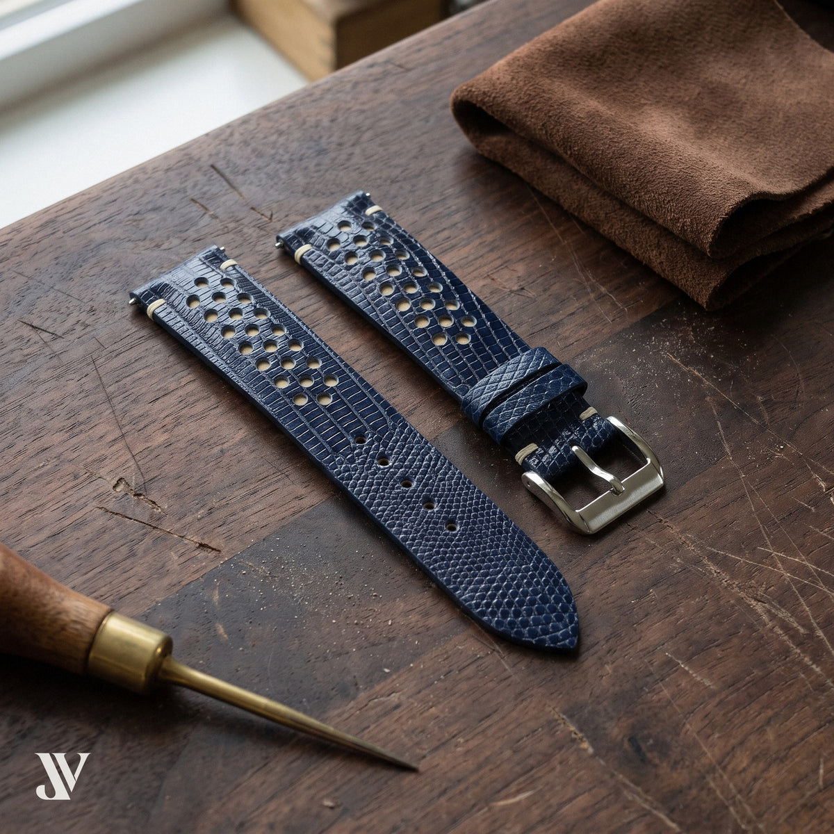 Navy Blue White Lizard Rally Leather Watch Strap — styled scene (AI-generated scene)
