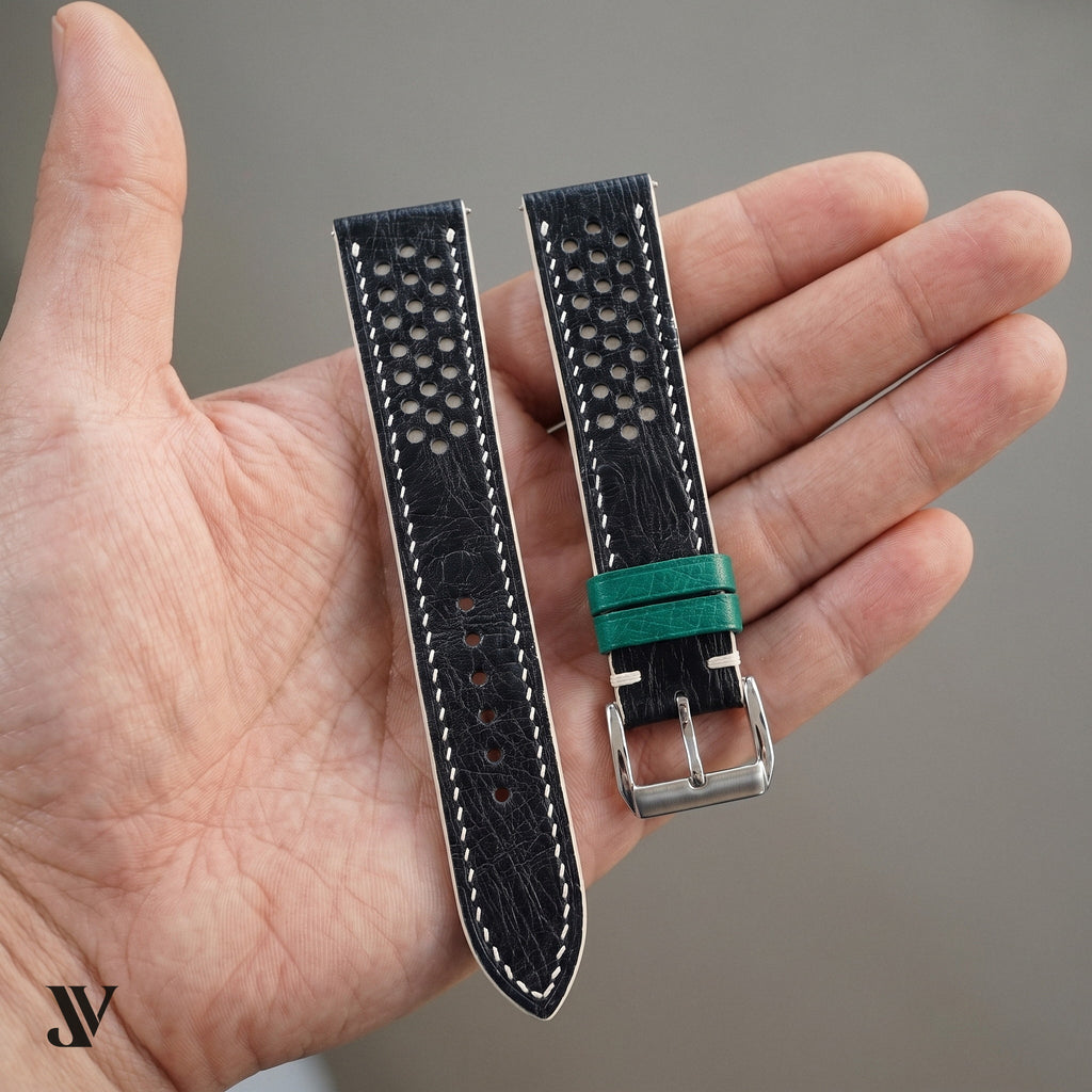 Black White Ostrich Leather Watch Strap — shown on watch (AI-generated scene)
