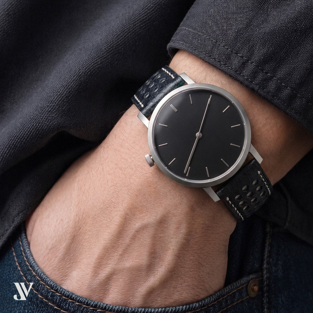 Black White Ostrich Leather Watch Strap — shown on watch (AI-generated scene)