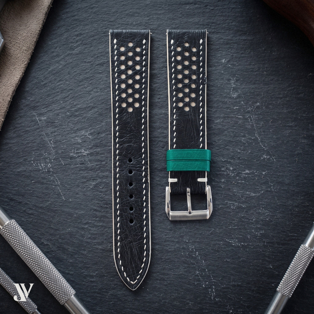 Black White Ostrich Leather Watch Strap — styled scene (AI-generated scene)